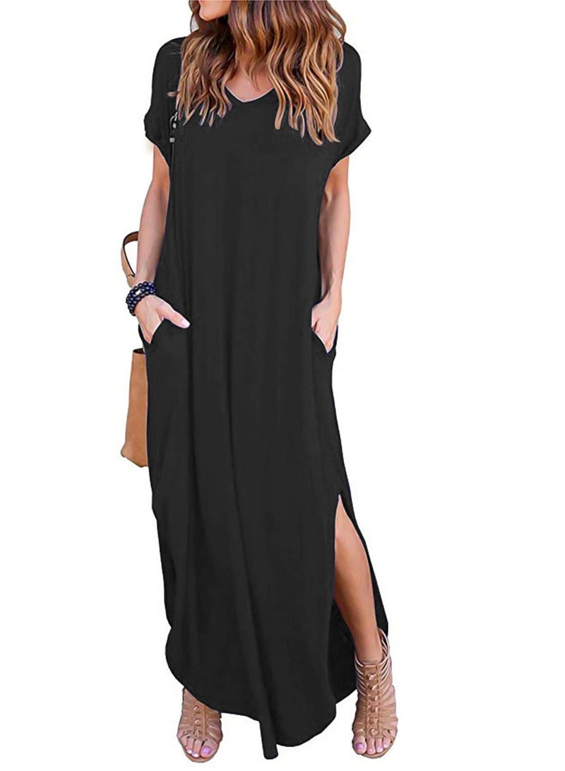 Arolina Women Summer Maxi Dress Short Sleeve V Neck Casual Loose Long Split Dresses Beach Vacation Sundress with Pockets Black - Image 1